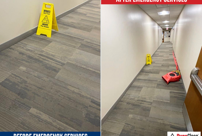 Before and after photos of commercial water damage restoration showing drying equipment in place to reduce business interruption and restore operations efficiently.