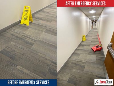 Before and after photos of commercial water damage restoration showing drying equipment in place to reduce business interruption and restore operations efficiently.