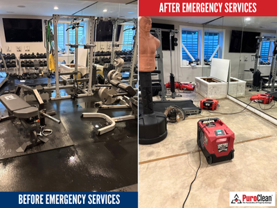 Commercial water damage restoration in Naperville, showing professional emergency services before and after cleanup to protect the property and prevent further damage.