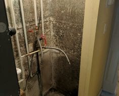 Mold covered wall where heater was before water damage remediation Naples