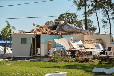 Severely damaged house after a hurricane