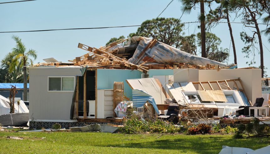 Severely damaged house after a hurricane