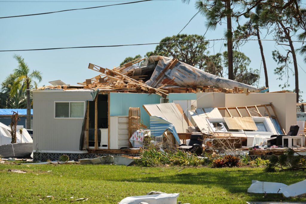 Severely damaged house after a hurricane