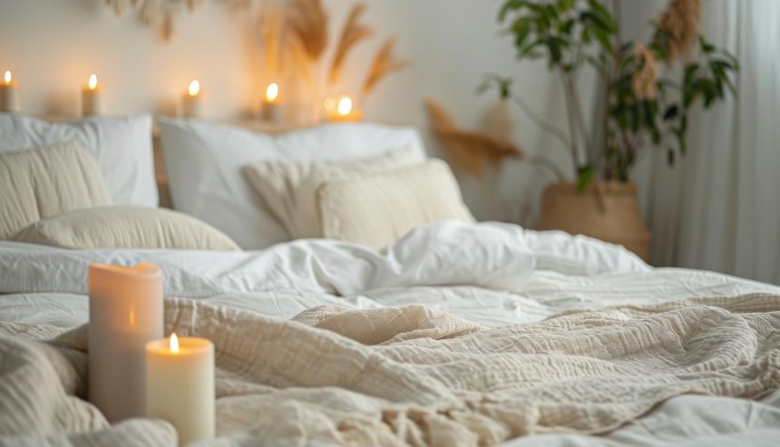 Cozy bedroom with a neatly made bed, soft blankets, and lit candles, emphasizing fire safety awareness.