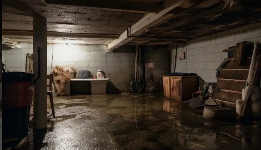 Damp basement with concrete floor, wooden shelves, and a washing machine, illustrating a musty smell issue.