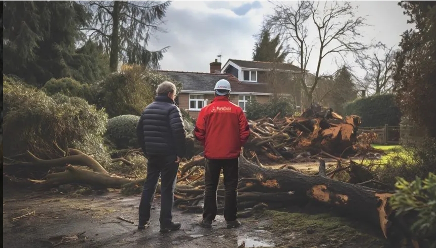 Two professionals assess storm damage in front of a house, with fallen trees and debris in the background.