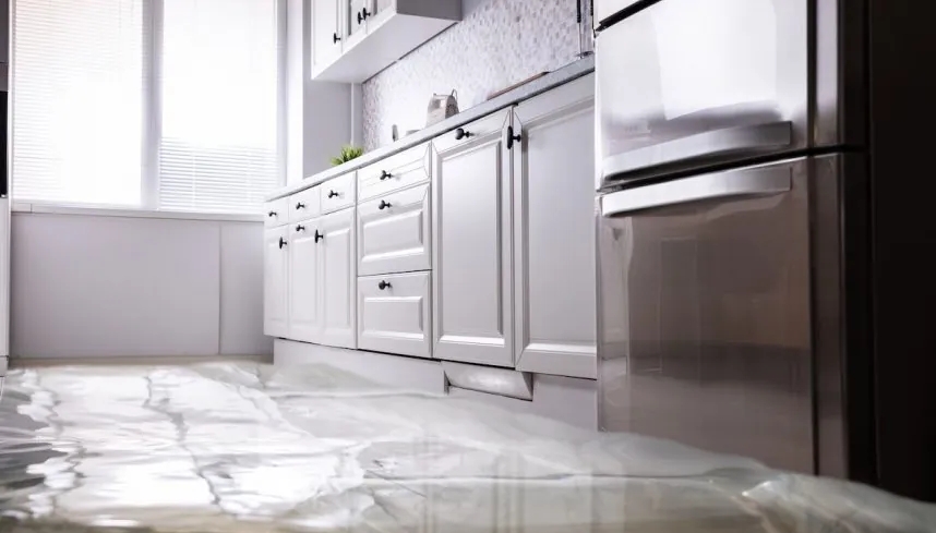 Water pooling on a kitchen floor near cabinets and a refrigerator, indicating a possible dishwasher leak.
