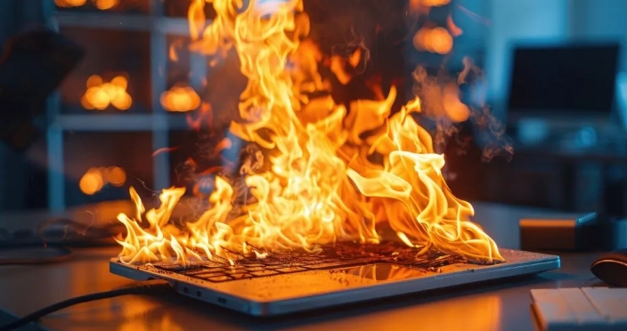 A laptop engulfed in flames, highlighting the dangers of lithium-ion battery fires.