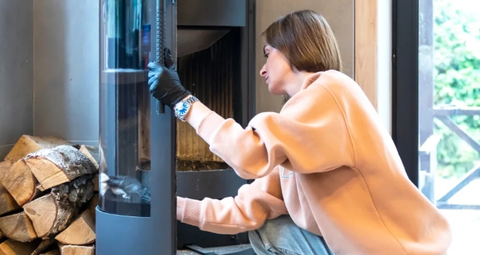 A woman adjusts a modern fireplace while preparing her home for winter, with firewood stacked nearby.