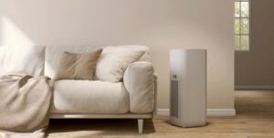 Dehumidifier in living room reducing humidity to prevent mold growth in New England home