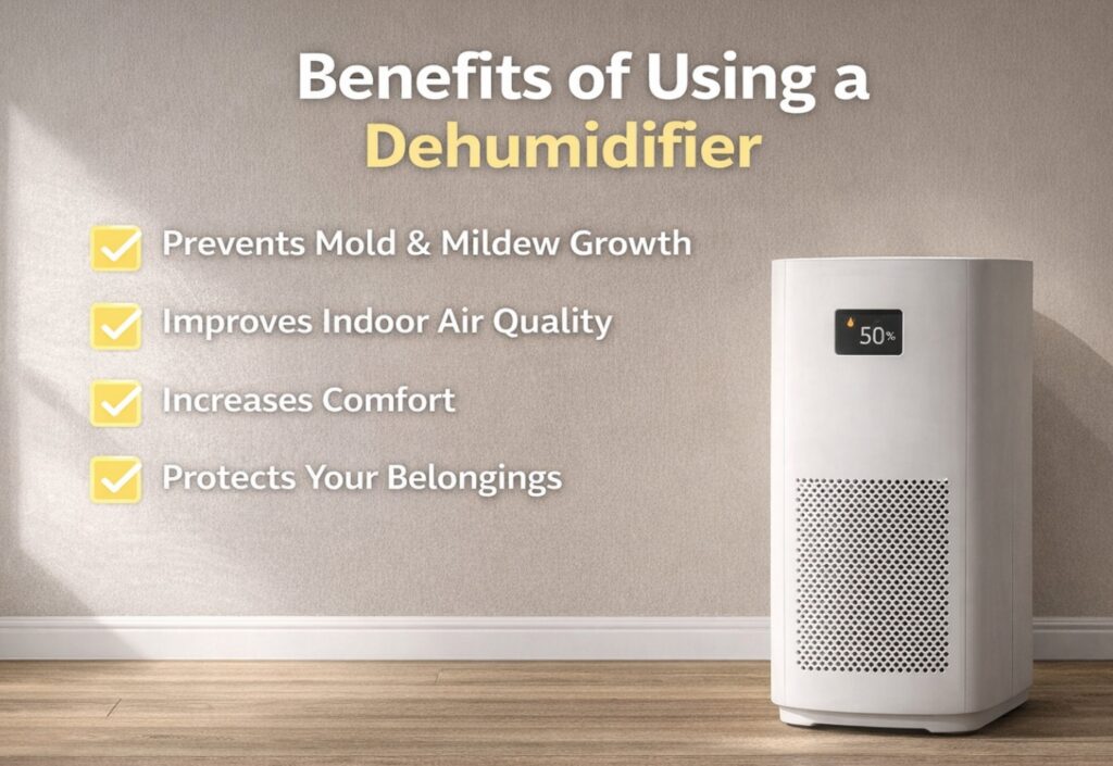 A white dehumidifier with a 50% humidity display stands next to a wall listing its many benefits.
