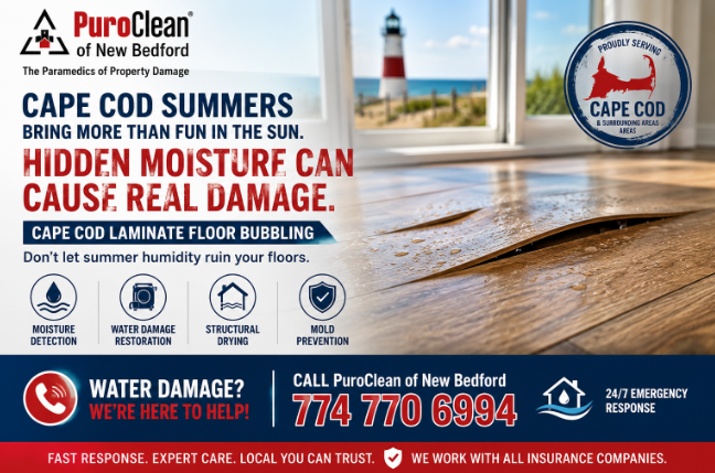Bubbling laminate flooring with water droplets illustrates moisture damage from Cape Cod summers.