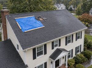 Damaged residential roof partially covered with a blue tarp, indicating a roof leak