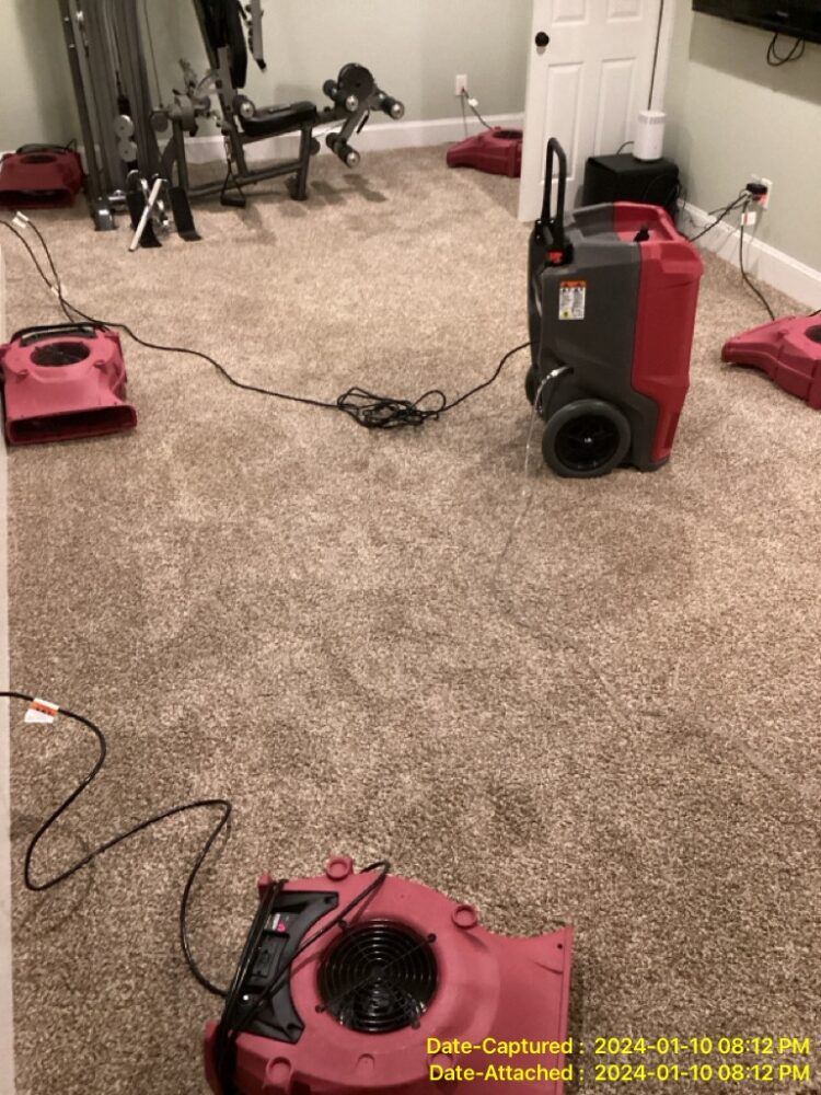 air movers and drying equipment in Newtown Square home basement after flooding disaster