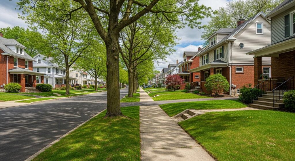 A peaceful suburban street lined with diverse houses, green lawns, and mature trees under a bright sky