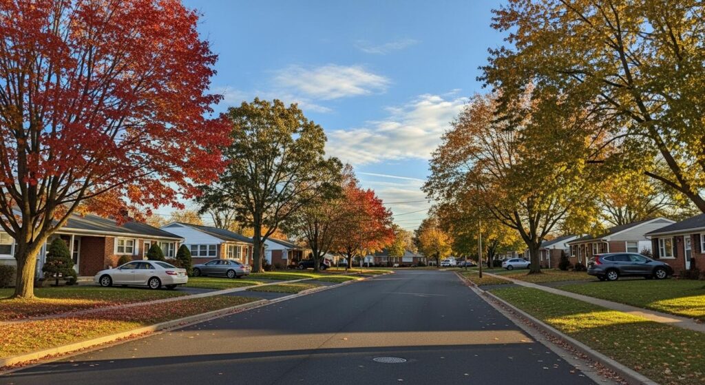 A suburban street in autumn with houses and trees displaying vibrant red and golden fall foliage under a