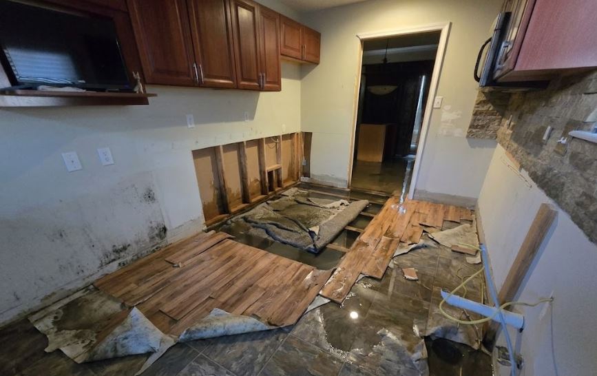 Severe water damage in a basement kitchen with ripped-up laminate flooring, black mold growth on the drywall, and standing water.