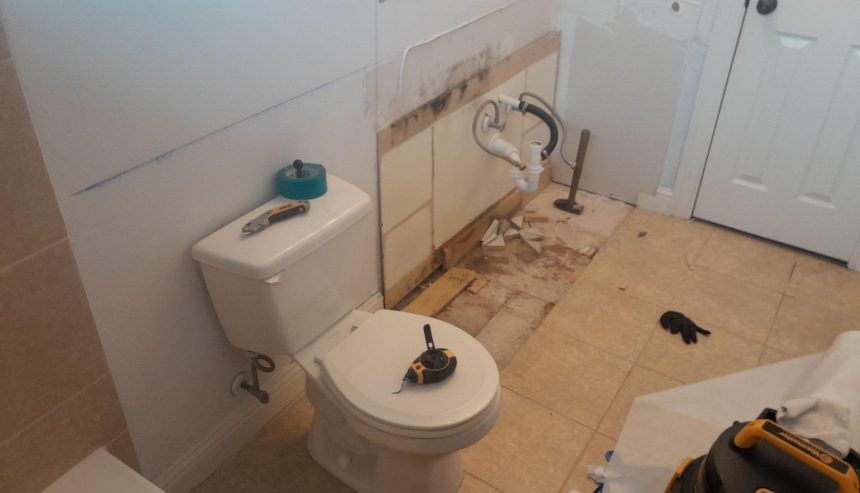 A bathroom with mold growth beneath the tiles.