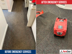 Before and after photos of commercial water damage restoration showing drying equipment in place to reduce business interruption and restore operations efficiently