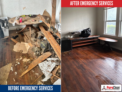 Before-and-after fire damage cleanup in a North Dallas home showing extensive debris removal and restored flooring.