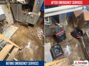 Commercial water damage restoration in Northeast Dallas, showing professional emergency services before and after cleanup to protect the property and prevent further damage.