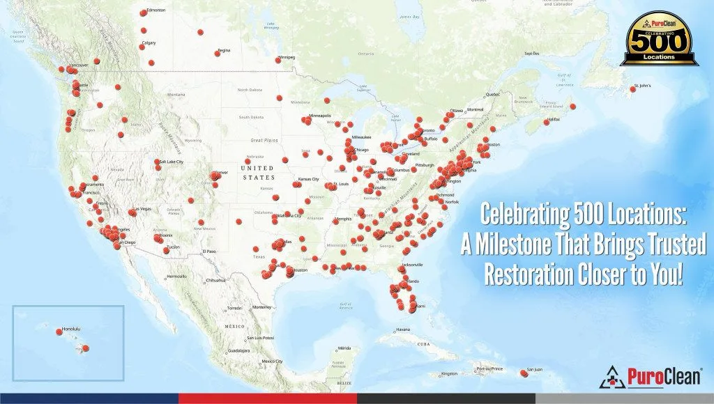 Map of the United States with 500 pins representing the PuroClean 500th Franchise locations
