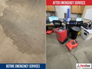 Office water damage before and after emergency restoration services showing drying equipment in place to prevent business interruption and minimize downtime.
