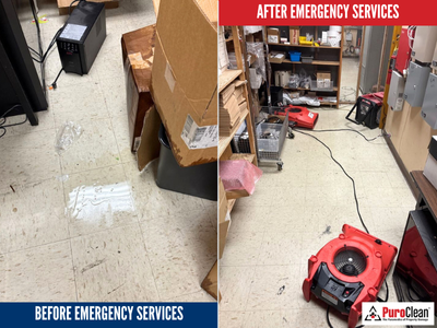 Technicians from PuroClean of Orland Park performing commercial water damage repair with containment barriers and drying equipment in a retail space.