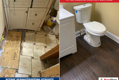 Before and after photo of a damaged bathroom floor restored with new wood-look tile and fixtures as part of reconstruction services by PuroClean of Orland Park.