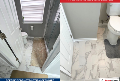 Interior of a fire-damaged home in Orland Park showing collapsed drywall, structural charring, and debris after emergency services.