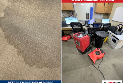 Office water damage before and after emergency restoration services showing drying equipment in place to prevent business interruption and minimize downtime.
