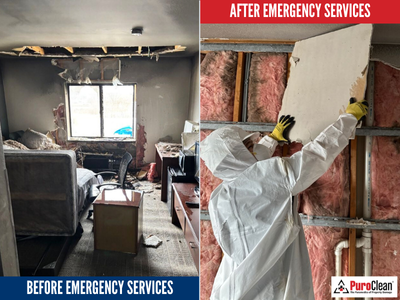 Fire damage cleanup in Orland Park showing technician removing drywall from a heavily smoke-damaged room during restoration process.