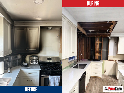 Before and during fire damage restoration of a residential kitchen in Orland Park, showing heavy soot on walls and ceilings and the beginning stages of demolition and cleanup by PuroClean technicians.