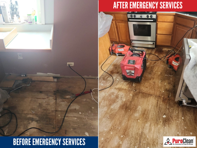 Before and after photos showing water damage in an Orland Park kitchen and the professional emergency water removal process by PuroClean.