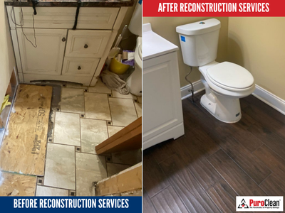 Before and after photo of a damaged bathroom floor restored with new wood-look tile and fixtures as part of reconstruction services by PuroClean of Orland Park.