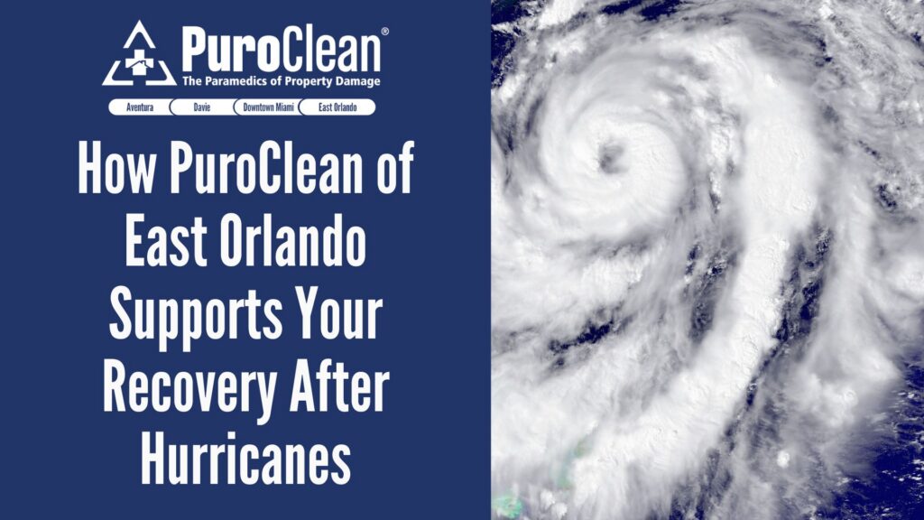 Hurricane satellite image alongside text about PuroClean's hurricane recovery services in East Orlando.