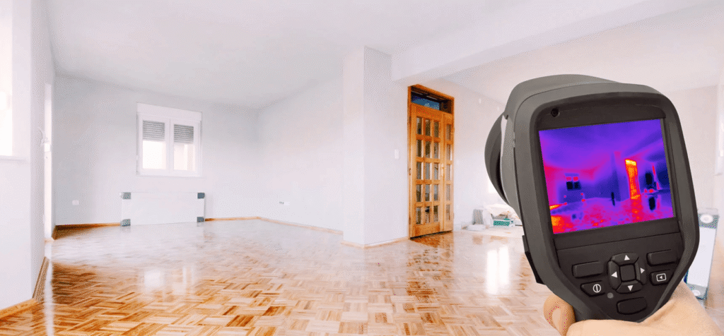 restoration professional using an infrared camera to detect hidden moisture in a wall