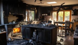 Fire restoration technician assessing a charred living room interior