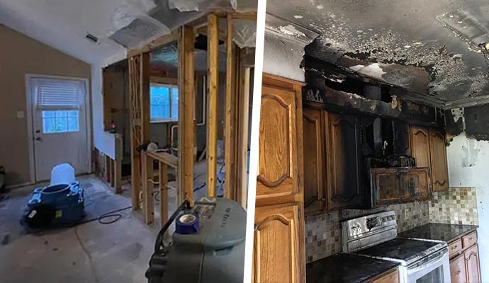 fire damage restoration professionals inside fire damaged home