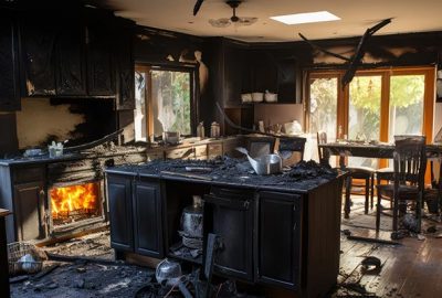 Fire restoration technician assessing a charred living room interior
