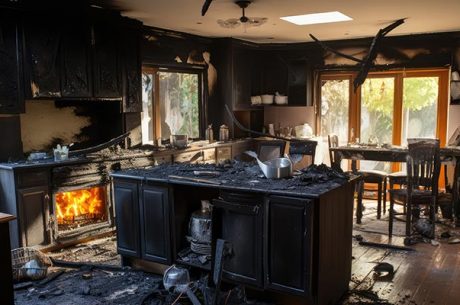 Fire restoration technician assessing a charred living room interior