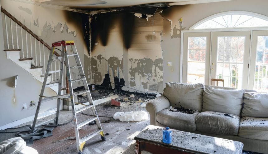 Interior room showing combined fire and water damage