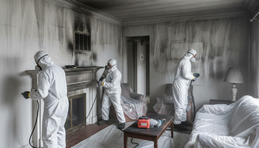 Restoration professional in protective gear using a HEPA vacuum on soot covered ceiling joists