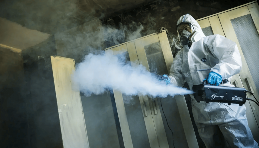 PuroClean fire restoration specialist using a thermal fogger to remove smoke odors in a living room