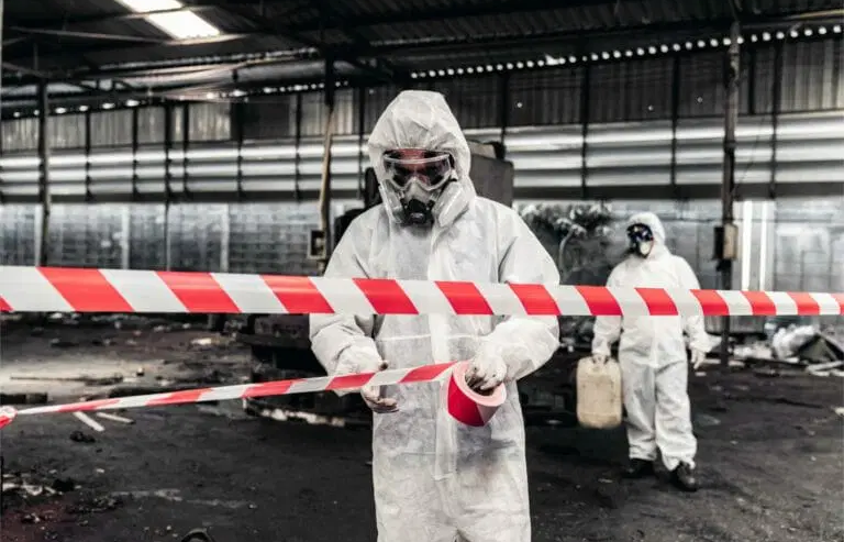 Certified biohazard cleanup technician in full protective equipment preparing to remediate a contaminated property in Ormond Beach FL