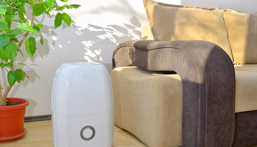 White dehumidifier next to couch.