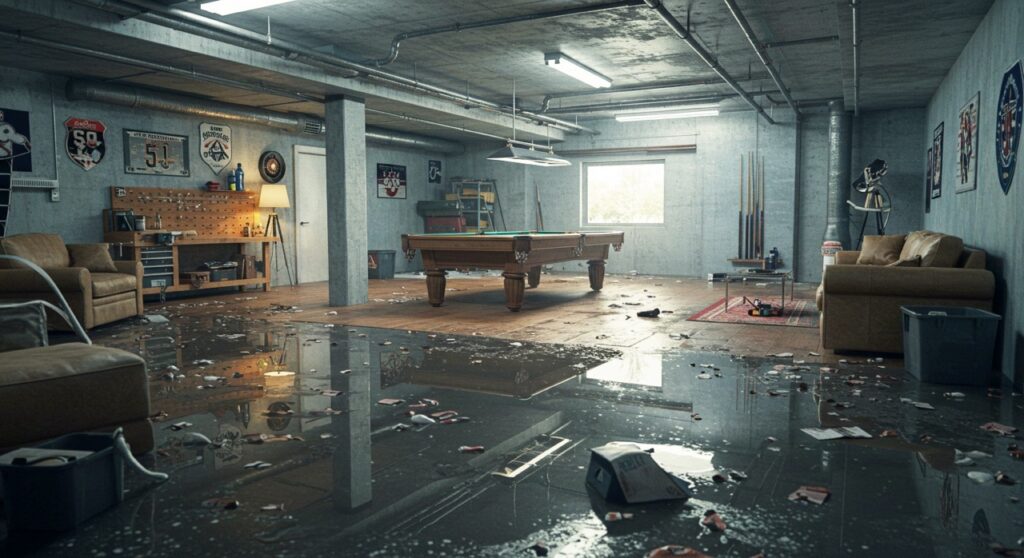 Water-damaged NJ basement with standing water, ruined flooring, and scattered debris, featuring a pool table and couches, indicating interior flooding after heavy rain or sump pump failure. 