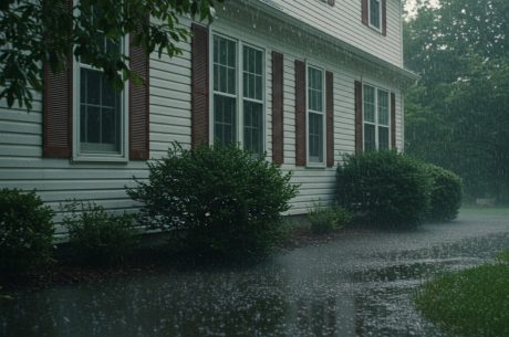Rainwater pooling along the foundation of a suburban home in New Jersey with white siding and red shutters, showing poor drainage and potential for basement flooding during heavy storms.