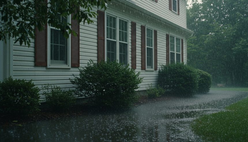 Rainwater pooling along the foundation of a suburban home in New Jersey with white siding and red shutters, showing poor drainage and potential for basement flooding during heavy storms.