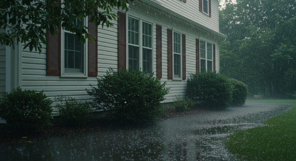 Rainwater pooling along the foundation of a suburban home in New Jersey with white siding and red shutters, showing poor drainage and potential for basement flooding during heavy storms.